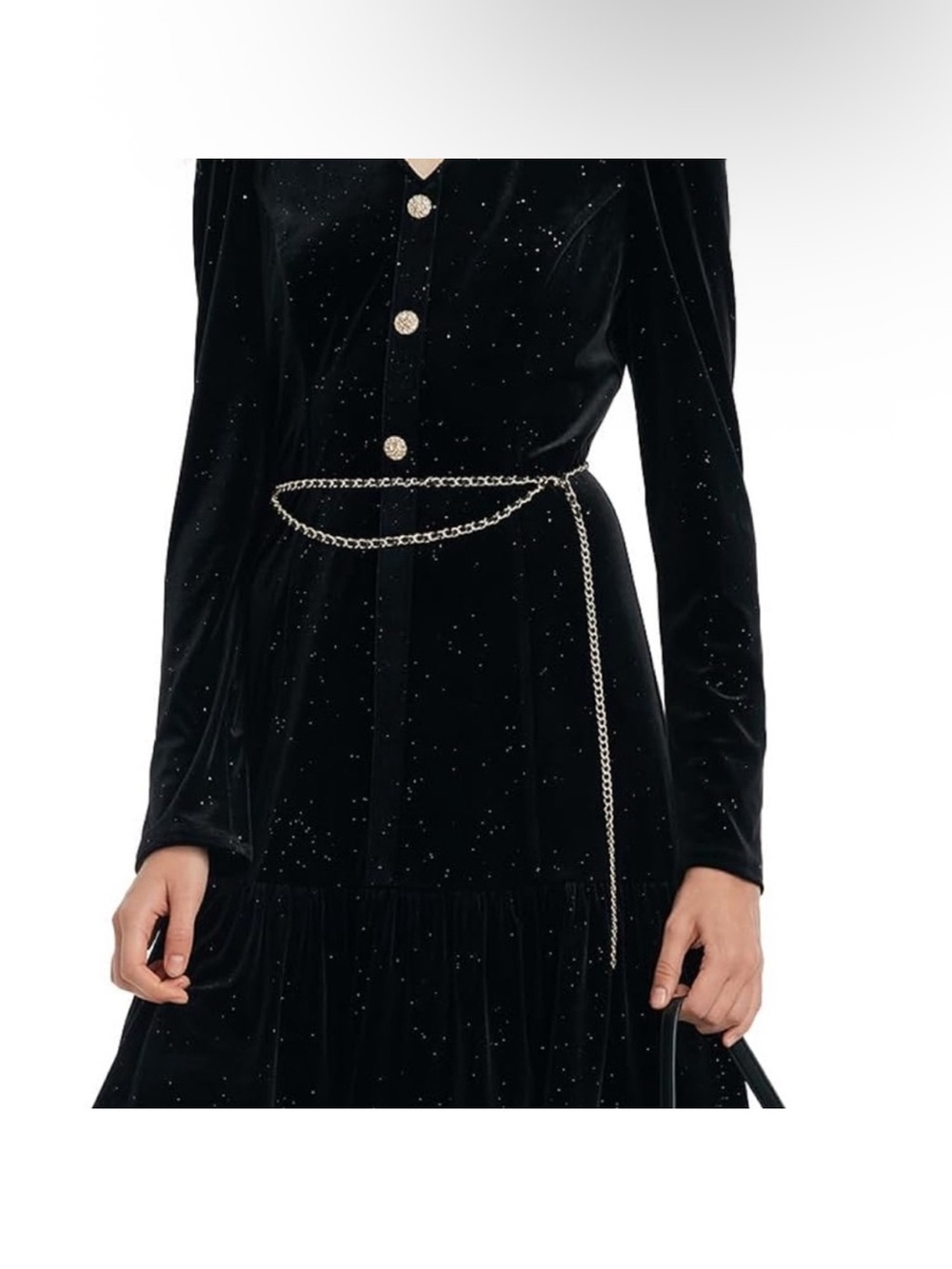 Elegant Black Velvet Button-Front Dress with Chain Belt - Picture 10 of 11